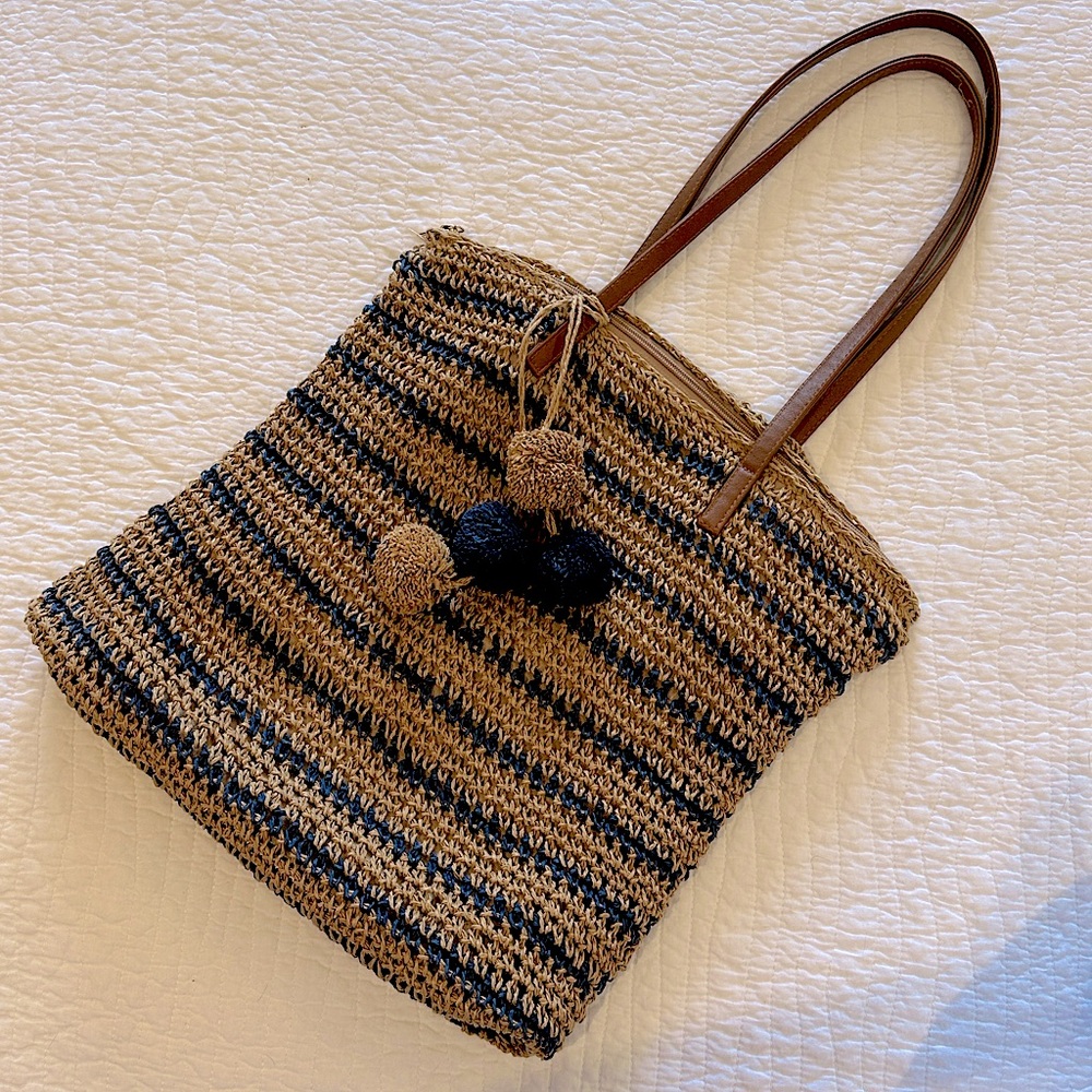 Striped Tan and Navy Hobo Bag